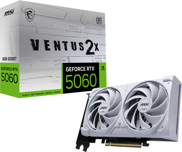 Відеокарта MSI GeForce RTX 5060 (RTX 5060 8G VENTUS 2X OC WHITE) Відеокарта MSI GeForce RTX 5060 (RTX 5060 8G VENTUS 2X OC WHITE)